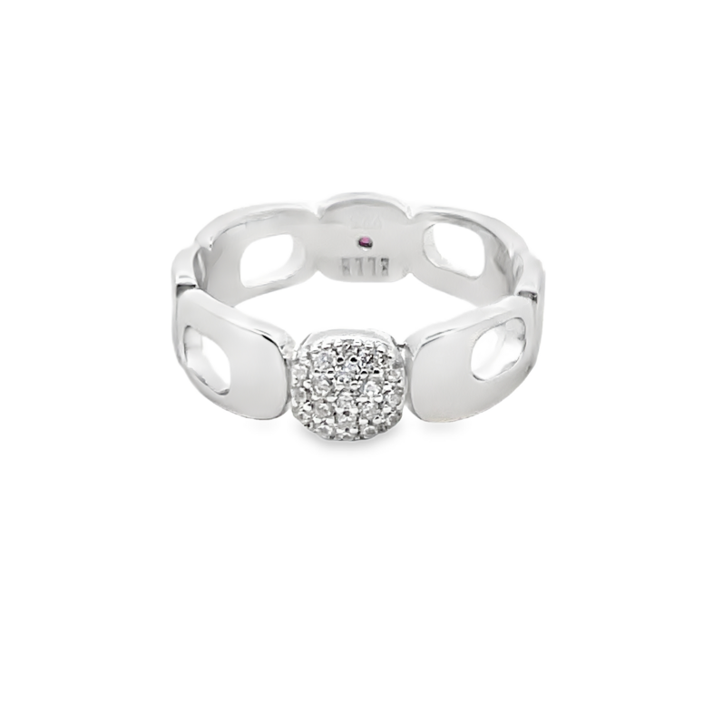 ELLE PAVE CZ CENTER CUSHION CUTOUTS BAND RING; SILVER
