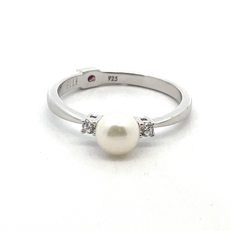 ELLE 5.5-6MM WHITE PEARL/2 ROUND CZ RING; SILVER