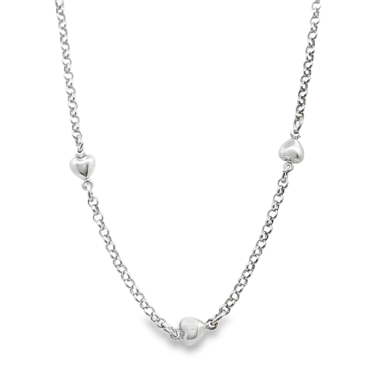 PUFFED HEART STATIONS ROLO CHAIN ANKLET; STERLING SILVER