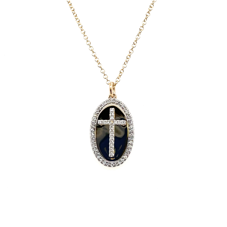 .16CTW DIAMOND CROSS OVAL DISC PENDANT/CHAIN CONTAINING: 60 ROUND DIAMONDS; 14KY CHAIN INCLUDED